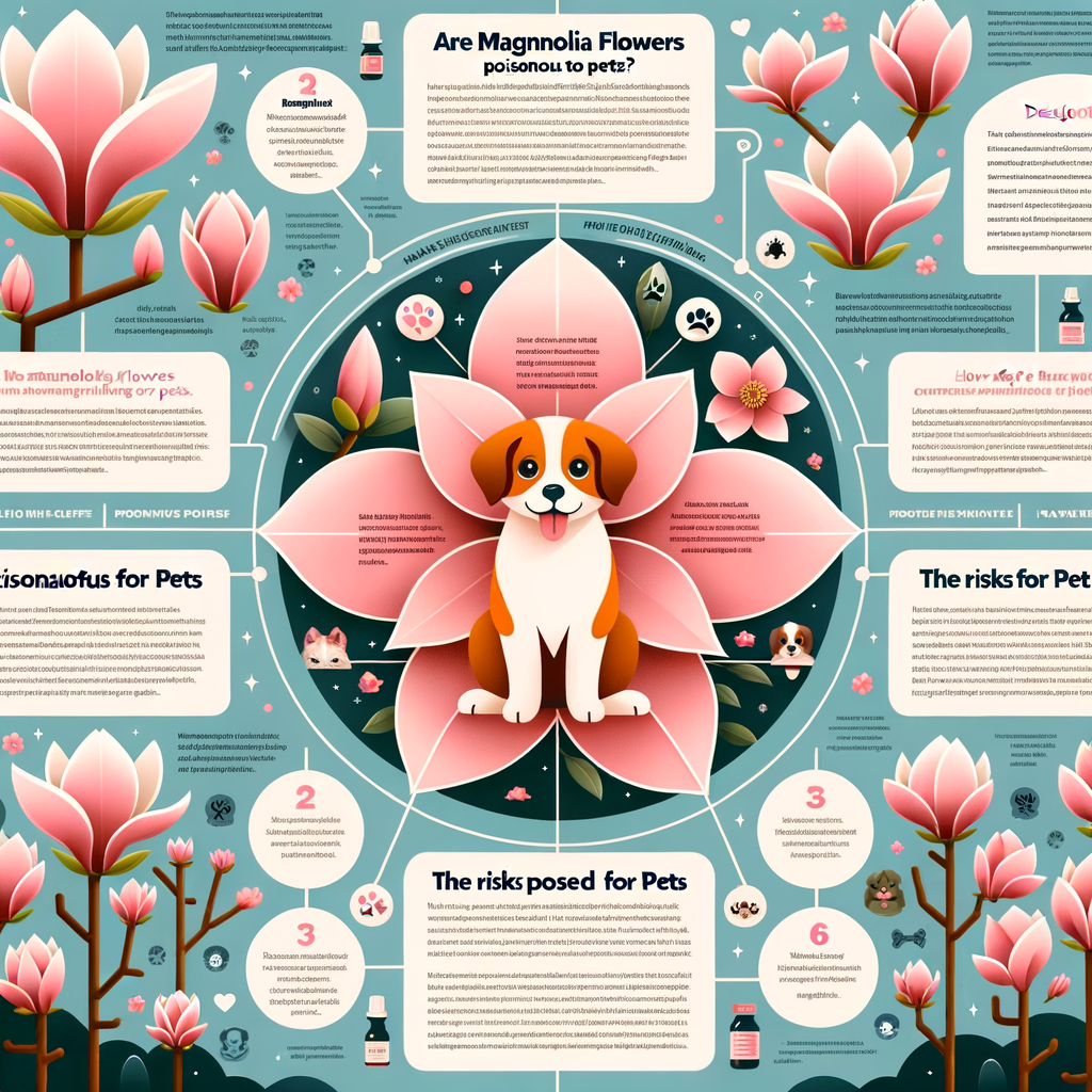 Infographic detailing Magnolia Flower Pet Safety, highlighting if Magnolia Flowers are Poisonous, their effects on Pets, and overall Pet Health risks with Poisonous Plants.