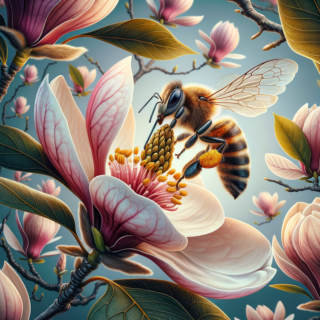 Bee actively pollinating a magnolia flower, highlighting the beneficial interaction between bees and magnolia trees and the importance of bees in the ecosystem.