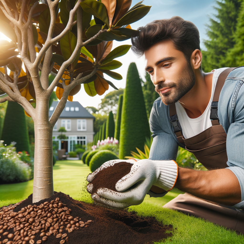 Professional gardener using coffee grounds as natural fertilizer for magnolia tree care, demonstrating organic tree maintenance and benefits of coffee grounds for plants.