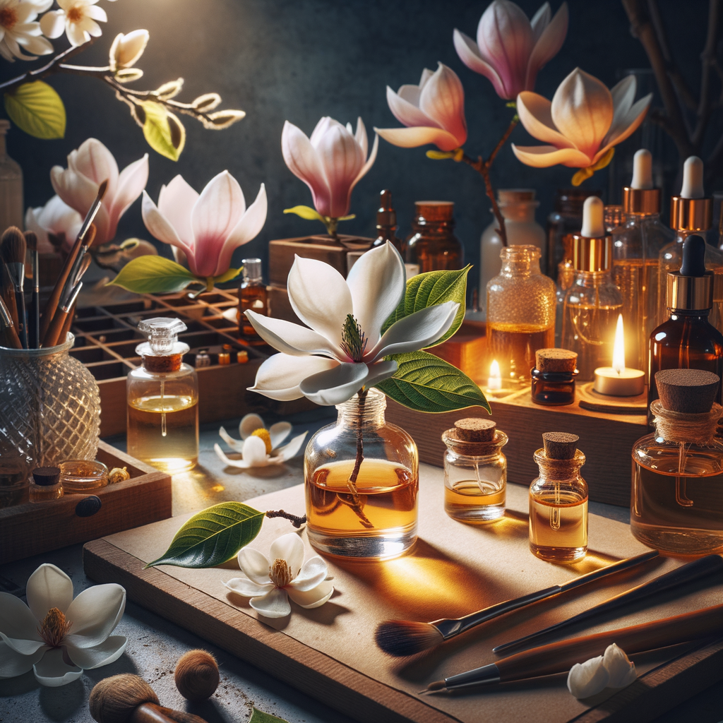 Professional crafting of homemade magnolia flower perfume, showcasing scented elegance and the DIY perfume making process with natural perfume recipes and magnolia flower essence.