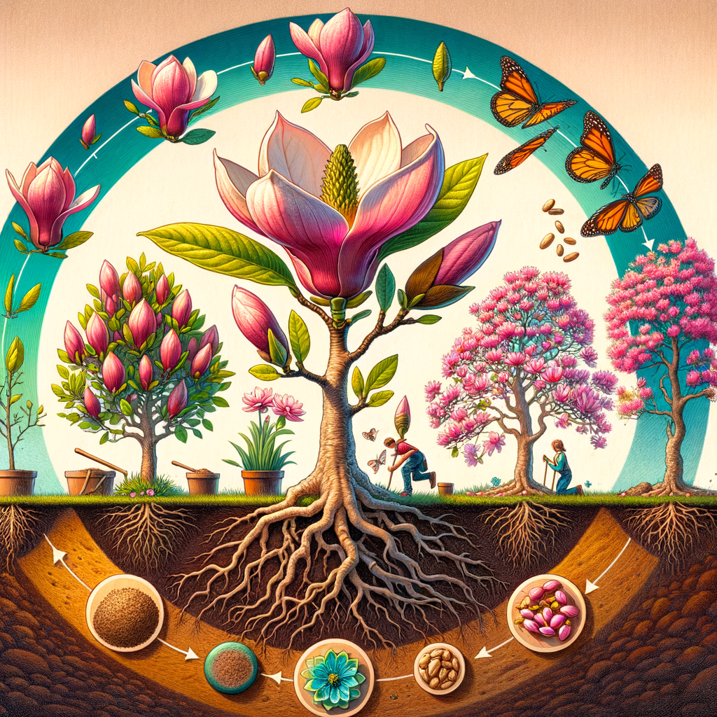 Vibrant depiction of Magnolia tree lifecycle, highlighting Magnolia tree pollination, growth, and reproduction, with subtle emphasis on Magnolia tree care and maintenance practices.