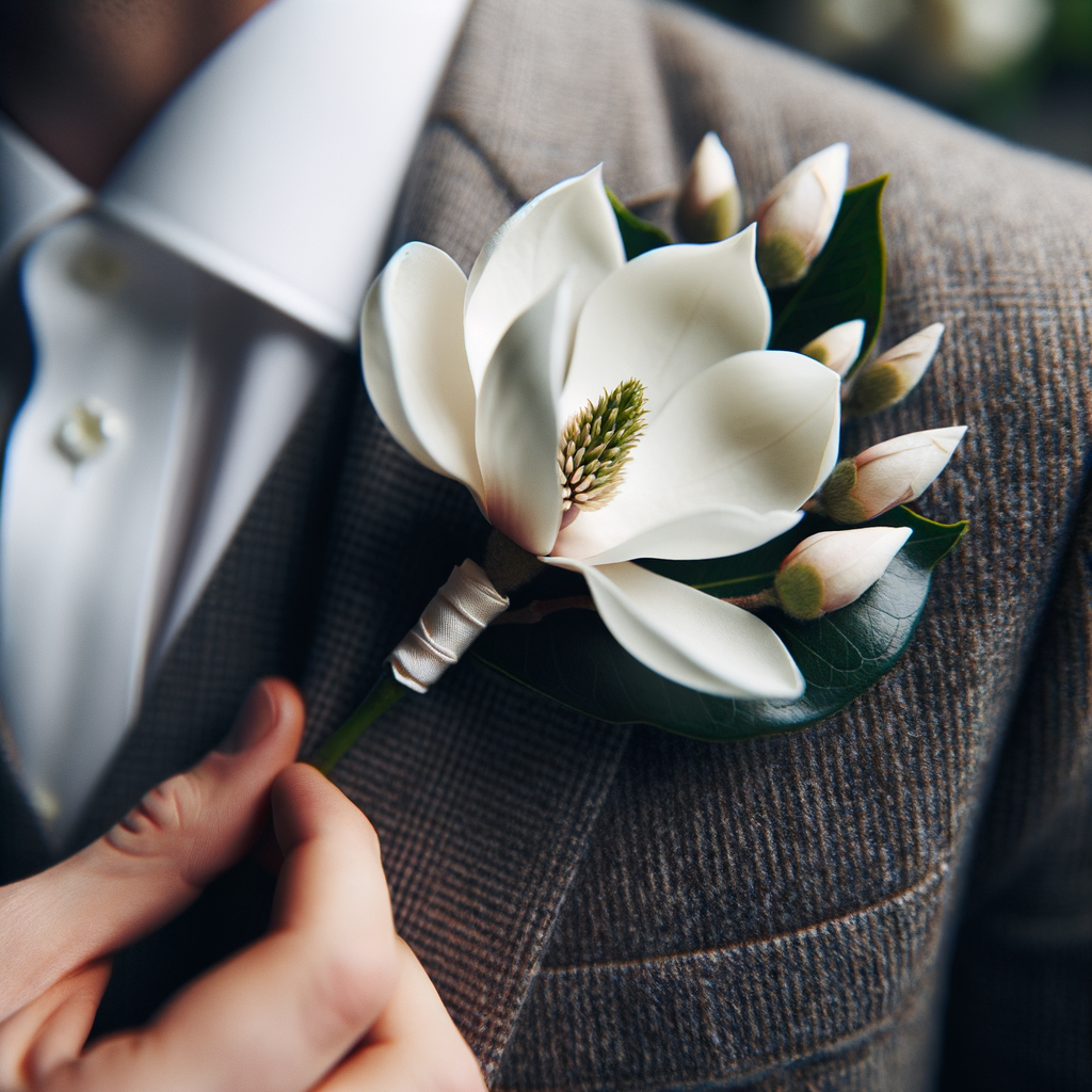 Close-up of a magnolia boutonniere on a groom's lapel, illustrating the symbolism and cultural significance of magnolia boutonniere tradition in weddings.