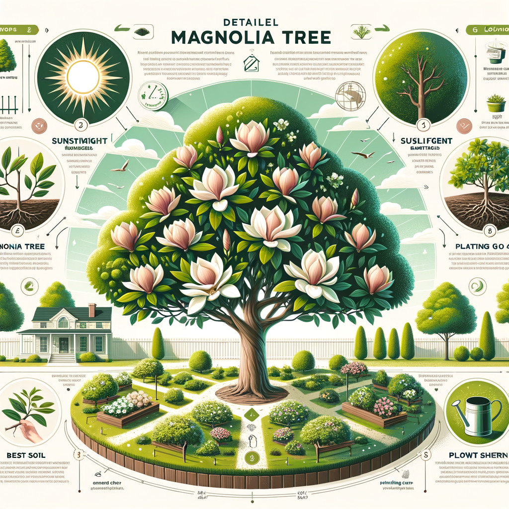 Comprehensive Magnolia Trees Planting Guide illustrating Magnolia Tree Garden Design, Ideal Soil, Sunlight Requirements, Best Locations, and essential Magnolia Tree Care tips for optimal Magnolia Tree Growth Conditions.