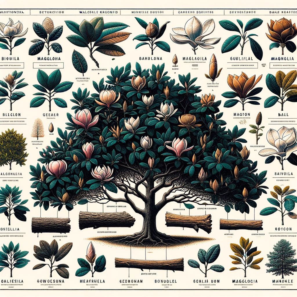 Collage of popular Magnolia tree varieties showcasing distinct leaves, blossoms and care tips for easy Magnolia tree identification and understanding of different types of Magnolia trees characteristics.