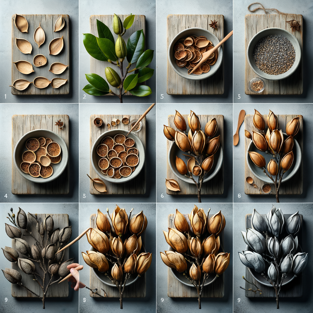 Step-by-step guide on drying Magnolia seed pods for DIY Magnolia decor, showcasing the transformation from fresh to dried pods for Magnolia seed pod crafts and decoration ideas.