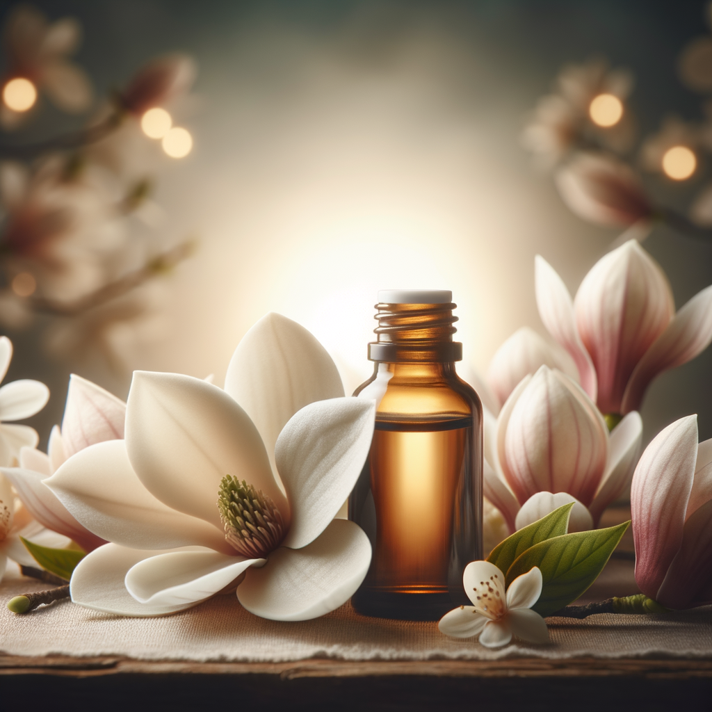 Close-up of Magnolia Flower Essential Oil bottle surrounded by fresh blossoms, highlighting the aromatherapy benefits, essential oil benefits, and healing properties of Magnolia Oil for wellness and natural aromatherapy.