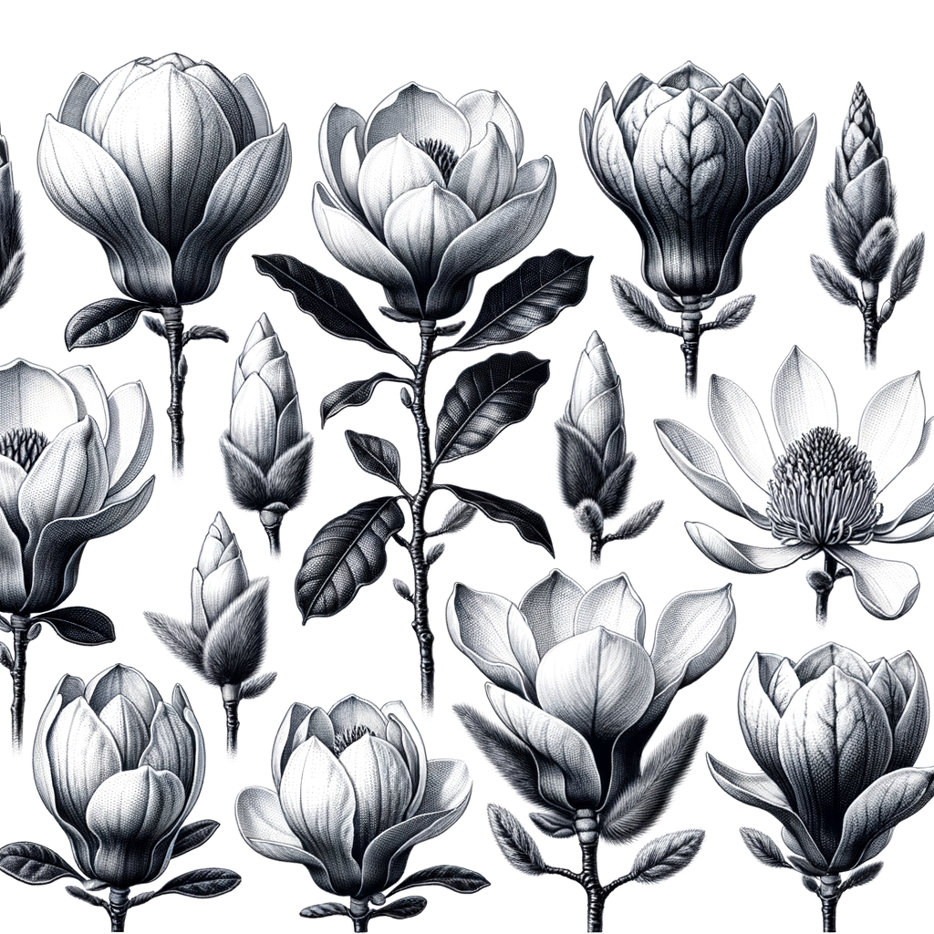 Detailed illustration of various Magnolia flower species highlighting their unique botanical characteristics and plant traits, showcasing the diversity and distinct features of Magnolia flower types.