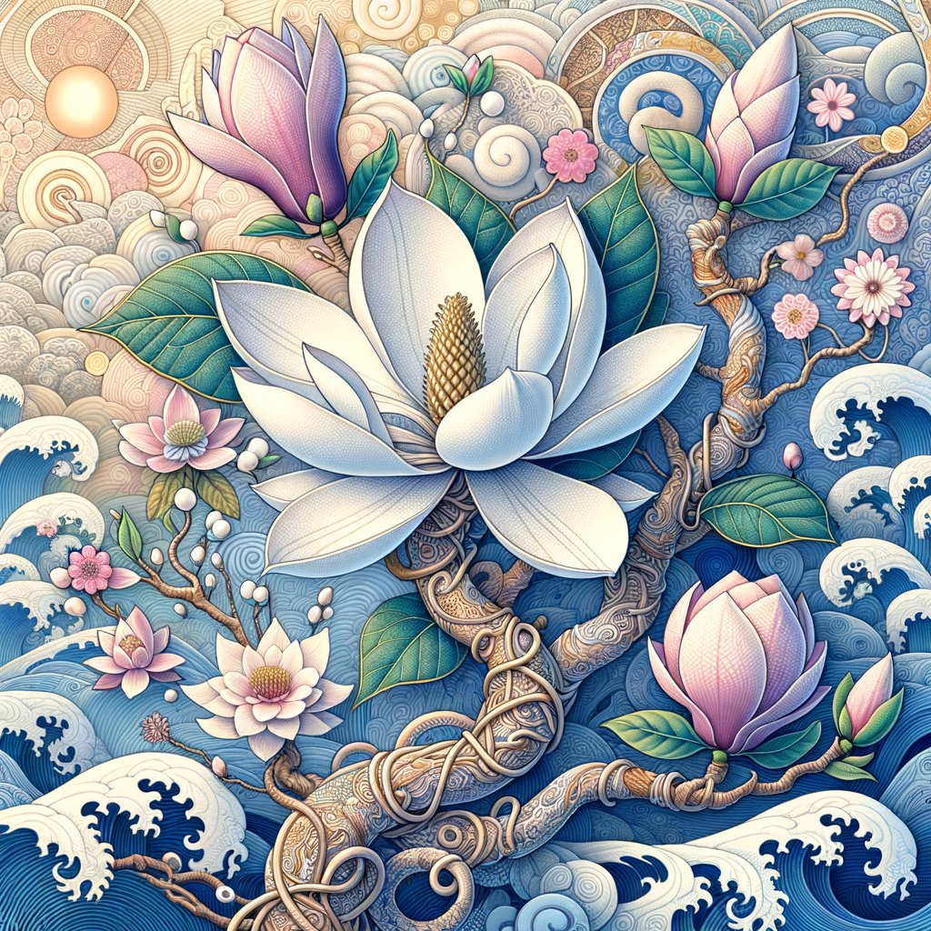 Beautiful illustration of Magnolia flowers in full bloom, symbolizing their historical journey and significance in Japanese culture and floral history.