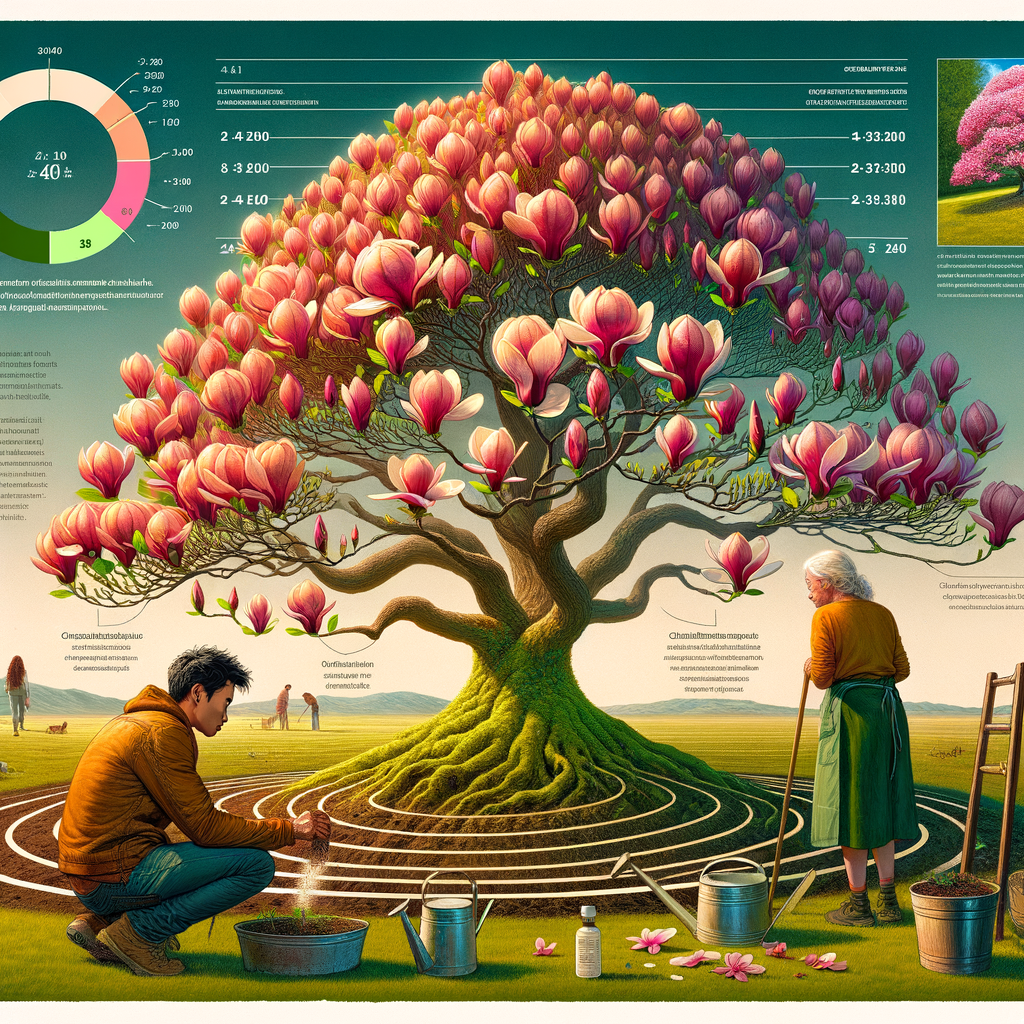 Magnolia tree in full bloom representing Magnolia tree lifespan and longevity, with a timeline of life cycle, growth rate, and aging process, caretaker demonstrating Magnolia tree care to extend lifespan, and chart showing factors affecting lifespan across Magnolia tree species.