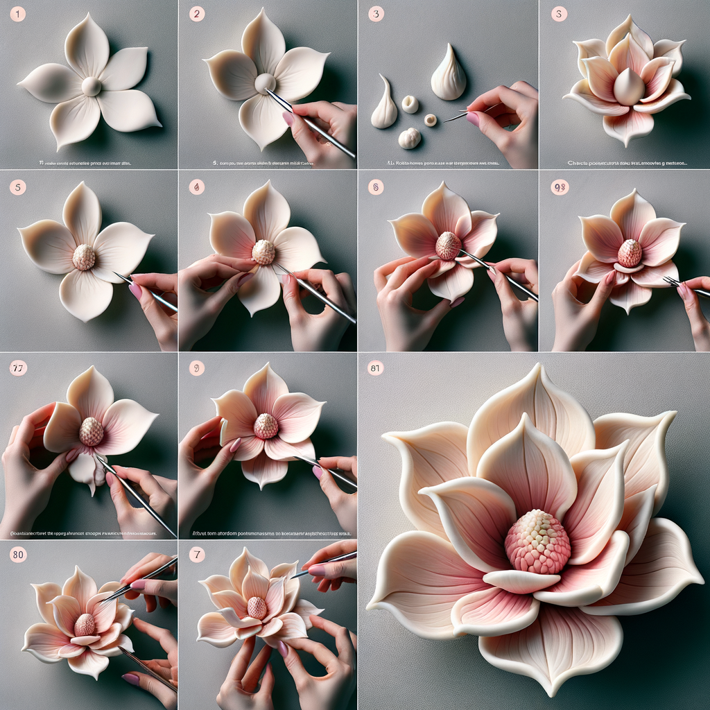 Step-by-step fondant flower tutorial demonstrating DIY fondant flowers making, specifically a magnolia fondant flower, showcasing cake decorating techniques and the intricate details of fondant magnolia petals for cake decoration ideas.