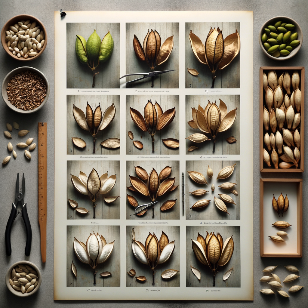 Step-by-step DIY guide on drying magnolia seed pods for crafting, showcasing fresh pods, drying setup, and final dried magnolia seed pod art for DIY crafts.