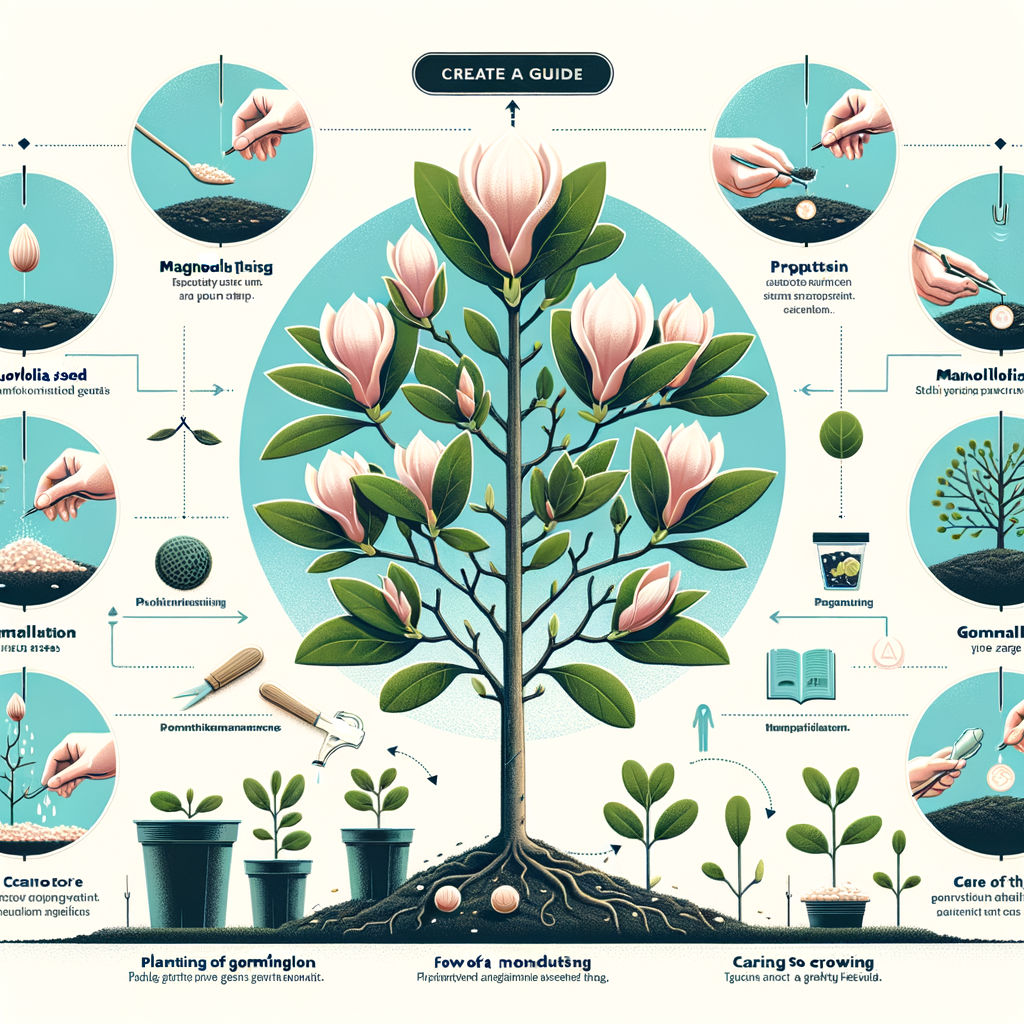 Step-by-step infographic on magnolia tree cultivation, illustrating planting magnolia seeds, magnolia seed germination, magnolia tree propagation, and magnolia tree care for a comprehensive magnolia tree planting guide.