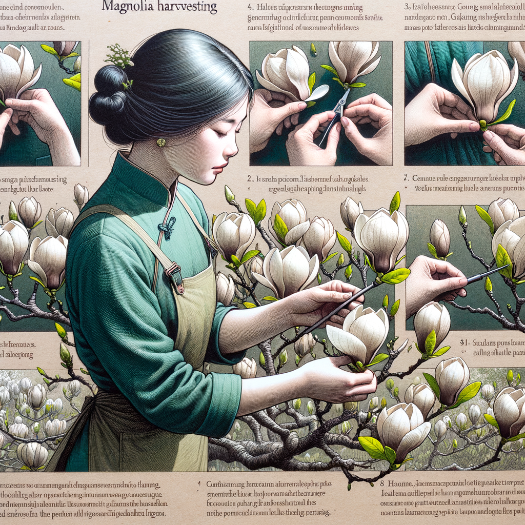 Professional gardener demonstrating magnolia harvesting techniques, providing a step-by-step magnolia flower harvesting tutorial with practical magnolia flower picking tips, highlighting the elegance of harvesting magnolia blooms and petals.