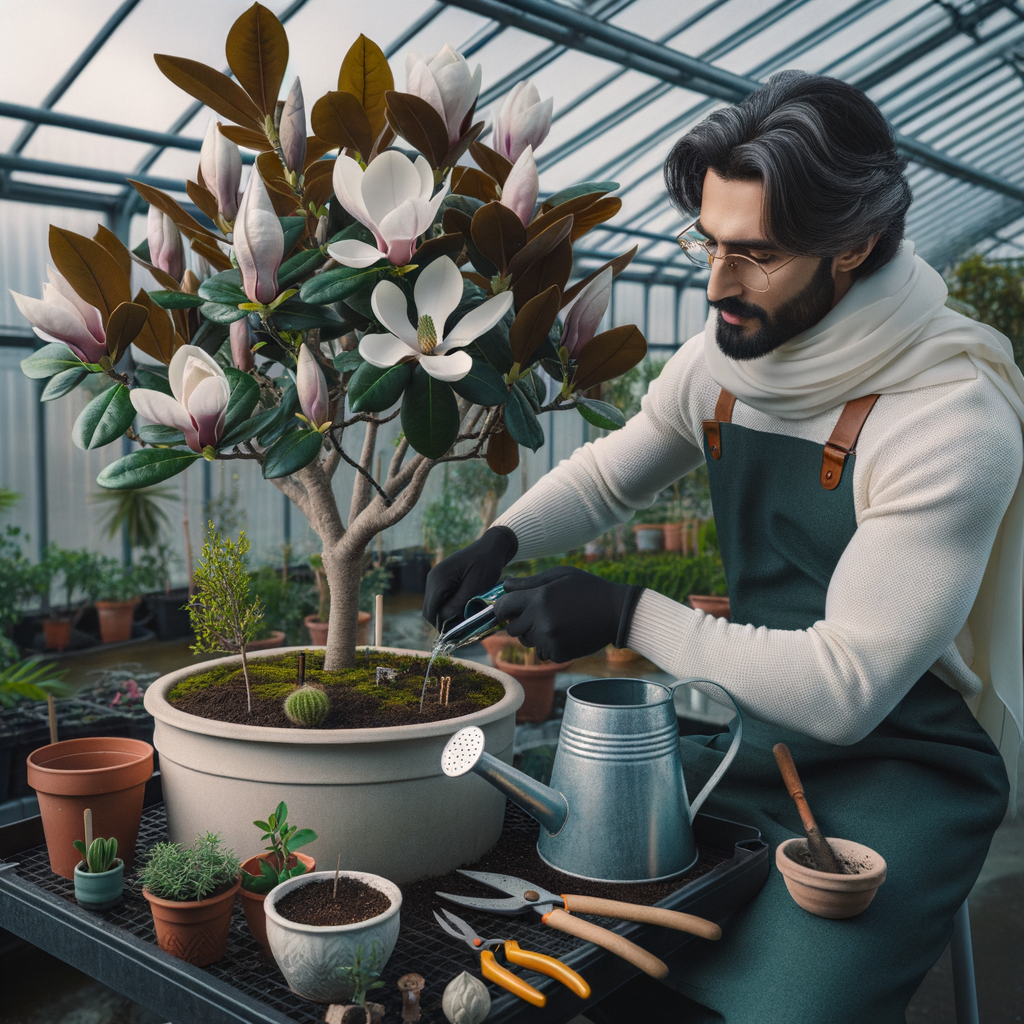 Professional gardener demonstrating successful magnolia pot cultivation and magnolia tree care indoors, providing essential tips for growing magnolias in pots.