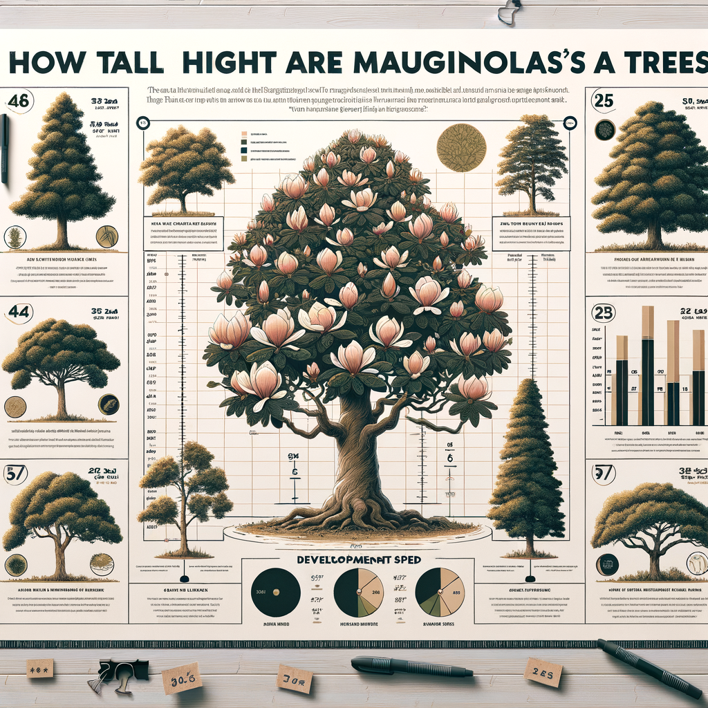 Infographic illustrating the average height of mature Magnolia trees, their growth rate, and size comparison with other common trees, providing answers to 'How tall are Magnolia trees?' for an article on Magnolia tree height range and dimensions.