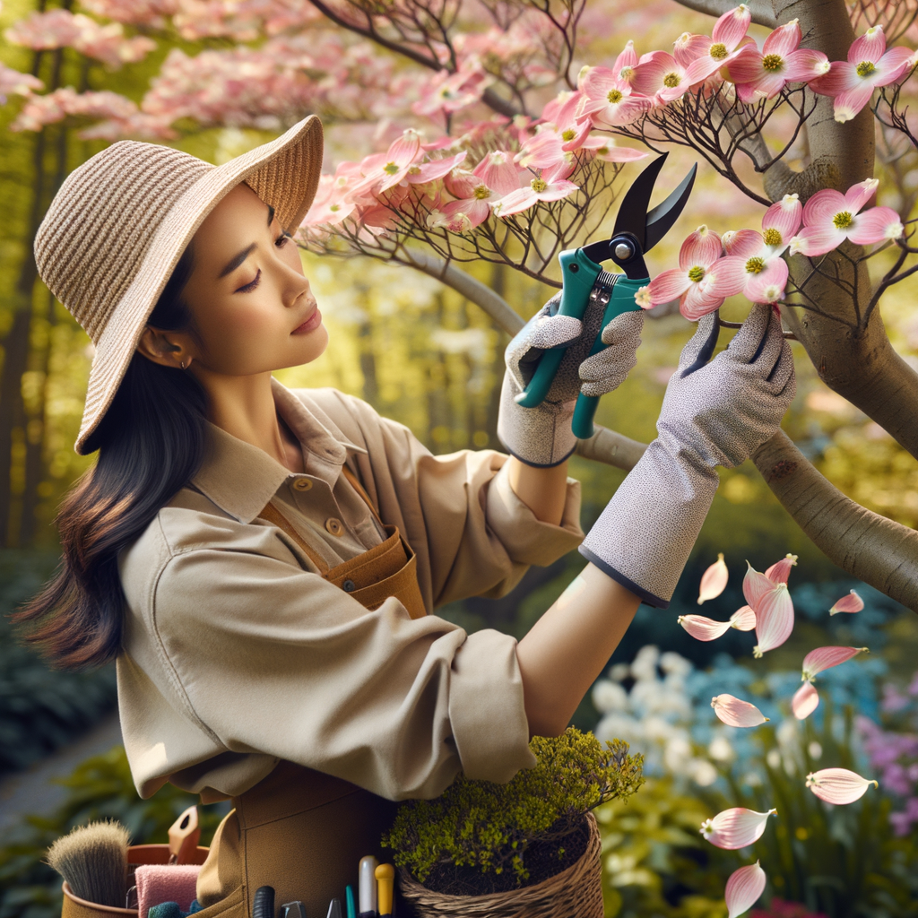 Professional gardener demonstrating Flowering Dogwood Care and maintenance for a seasonal guide, highlighting steps for maintaining the health and beauty of a Dogwood tree.