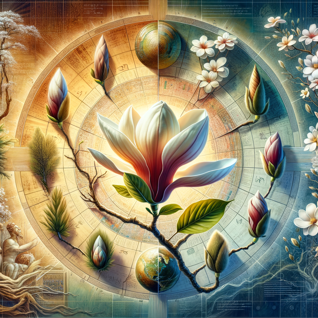 Vibrant image illustrating Magnolia flower history and origins, showcasing various stages of Magnolia flower's life cycle, species diversity, and symbolic meanings in different cultures, against a backdrop of ancient texts and maps.
