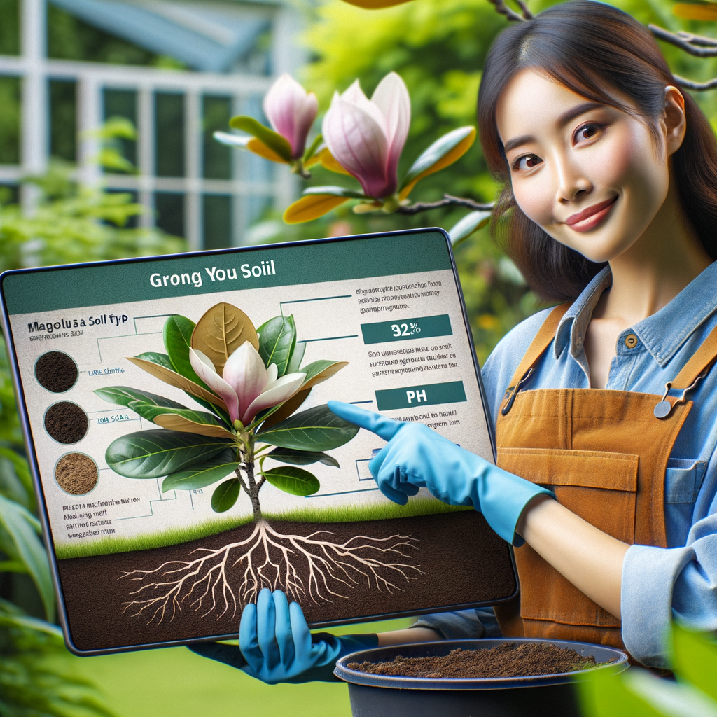 Professional gardener illustrating Magnolia soil requirements, ideal soil type and pH for Magnolia trees, and providing tips on soil preparation and improving soil for optimal Magnolia tree growth conditions in a detailed Magnolia planting guide.