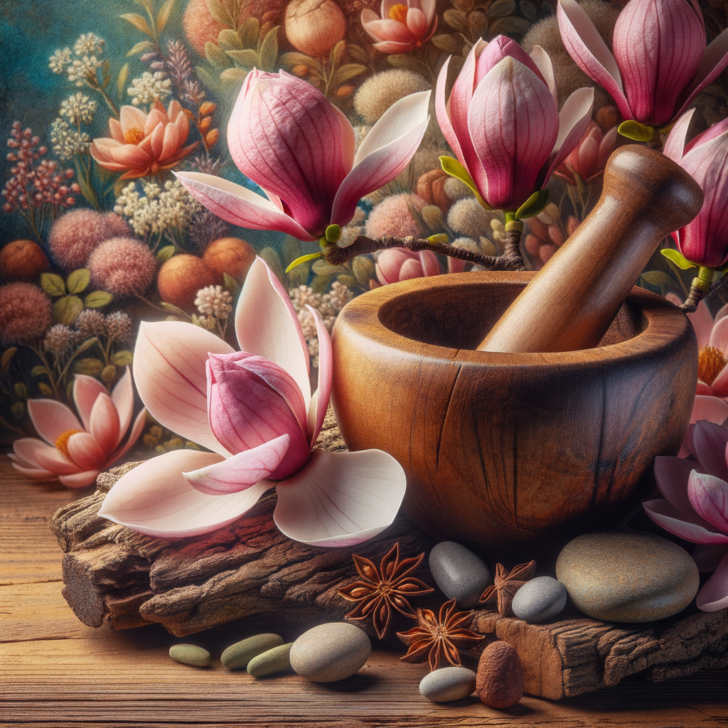 Close-up of magnolia flowers and bark being ground into a paste for traditional skin treatments, highlighting magnolia skin benefits and its role in natural skin health remedies.
