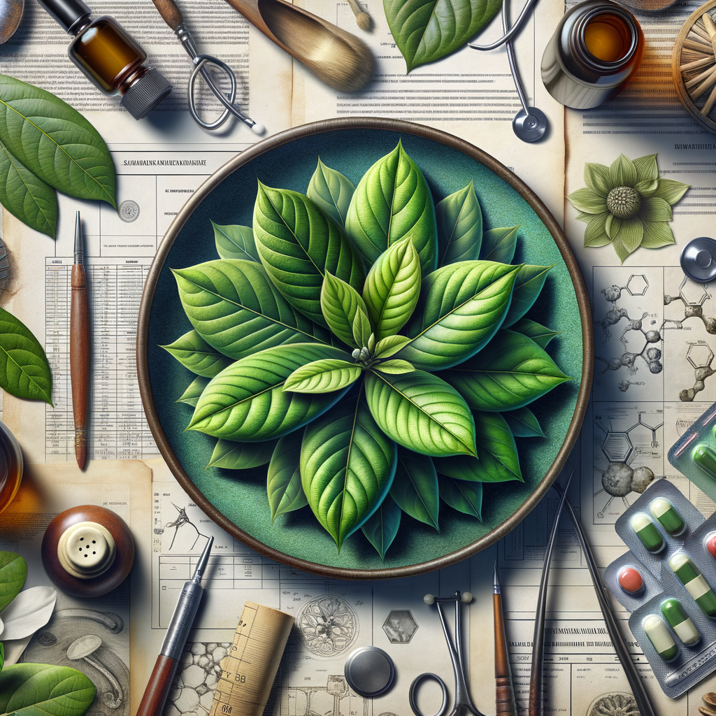 Close-up of vibrant green magnolia leaves showcasing their medicinal properties, potential in medicine and role in natural health remedies, backed by scientific research papers and traditional medicine tools.
