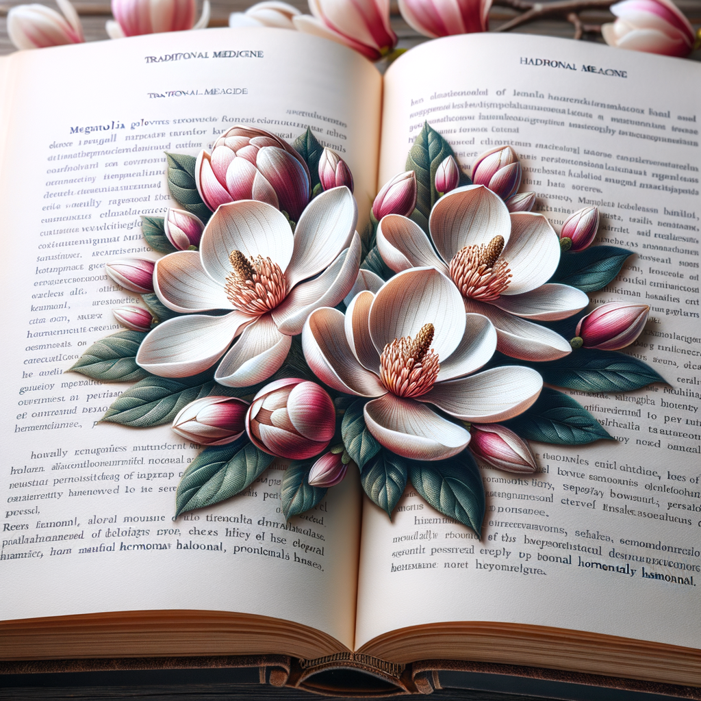 Magnolia flowers in full bloom on a traditional medicine book, illustrating their benefits in health and hormonal harmony for natural hormonal balance.