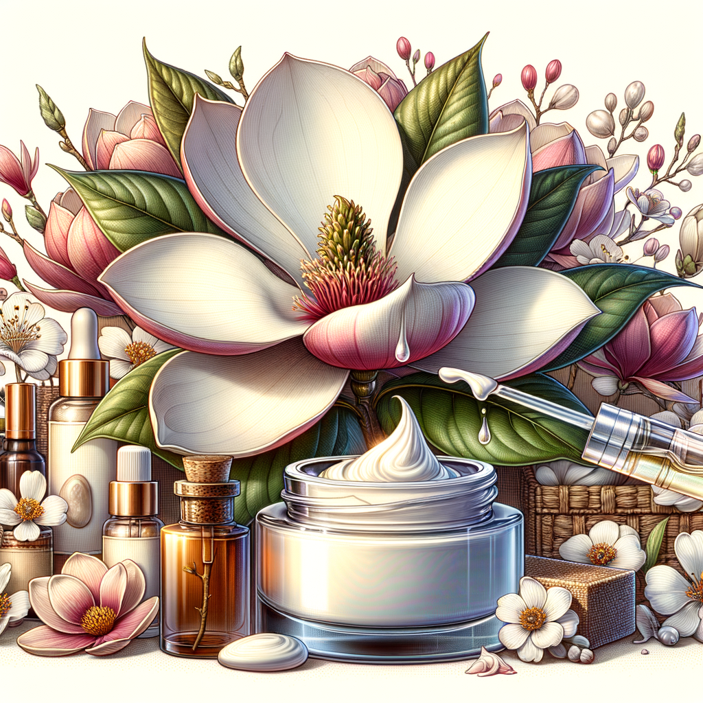 Magnolia flower in full bloom with extract dripping into skin care cream, showcasing magnolia flower benefits and its use in natural beauty products and cosmetics for skin care marvel.