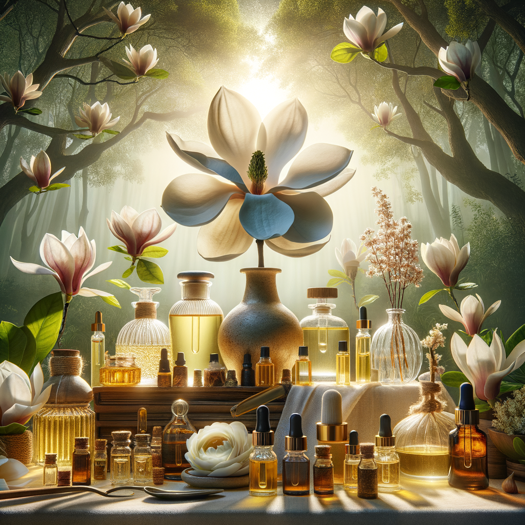Display of natural magnolia flower perfumes and essential oils, showcasing magnolia flower aromas and benefits, perfect for magnolia oil exploration and perfumes with magnolia notes.