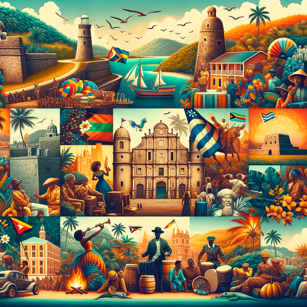 Vibrant collage illustrating the rich Caribbean culture history with historical landmarks, cultural traditions, and significant events, highlighting the historical and cultural significance in the Caribbean.