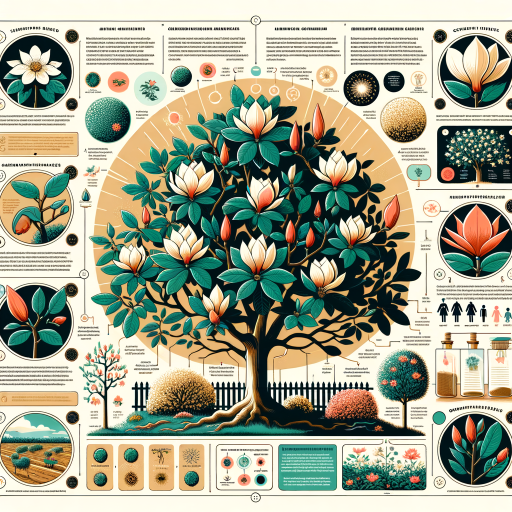 Infographic illustrating Southern Magnolia tree facts, growth stages, benefits and drawbacks, and Magnolia tree care tips, showcasing close-ups of flowers, leaves, and common Southern Magnolia tree problems.