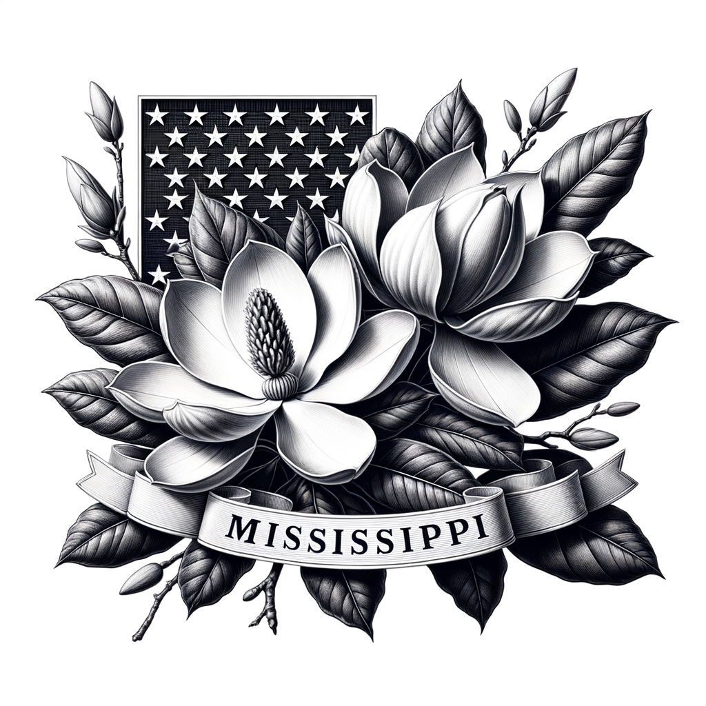 Mississippi state emblem featuring the Magnolia state flower in full bloom, symbolizing the rich history and significance of the Mississippi Magnolia in the state's flower history.