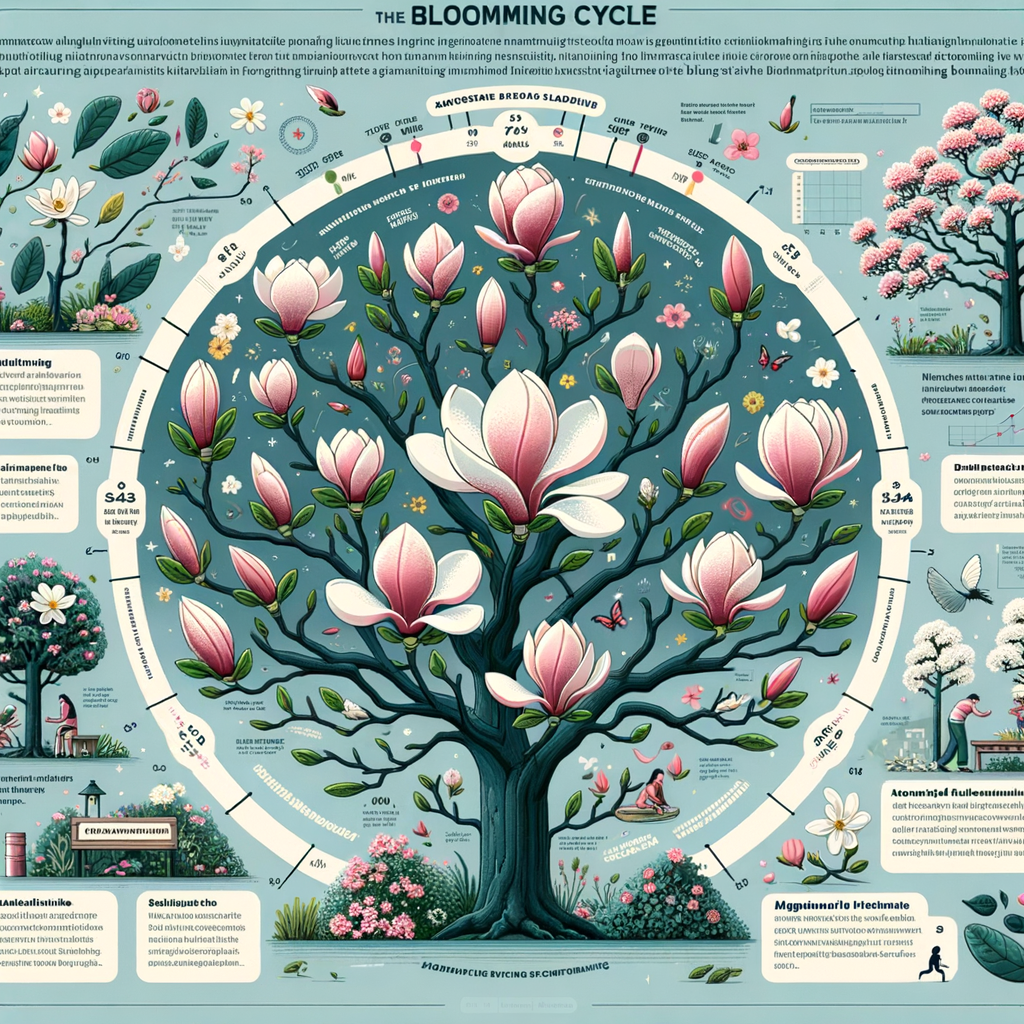Infographic illustrating Magnolia Tree Blooming Cycle, Magnolia Flowering Schedule, and tips on Magnolia Tree Care for optimal blooming, highlighting Magnolia Tree Flowering Frequency and Magnolia Blooming Season.