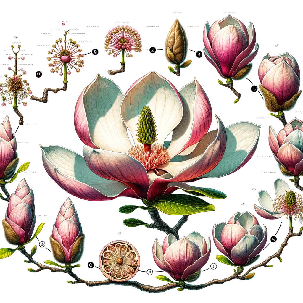 Botanical science illustration of Magnolia flower behavior, showcasing the flower closing mechanism, Magnolia flowering cycle, and key characteristics across different Magnolia species.