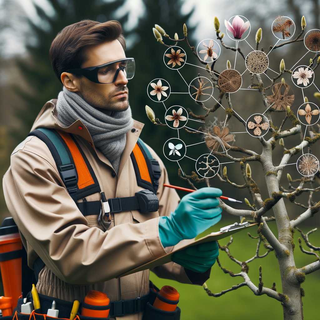 Professional arborist troubleshooting magnolia tree problems, focusing on magnolia tree care and reasons for non-flowering magnolia, highlighting common magnolia bloom issues.
