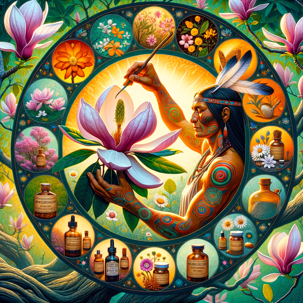 Native American healer picking magnolia flowers from a tree, highlighting the medicinal uses, health benefits, and significant role of magnolia flowers in Native American culture and traditional herbal remedies.