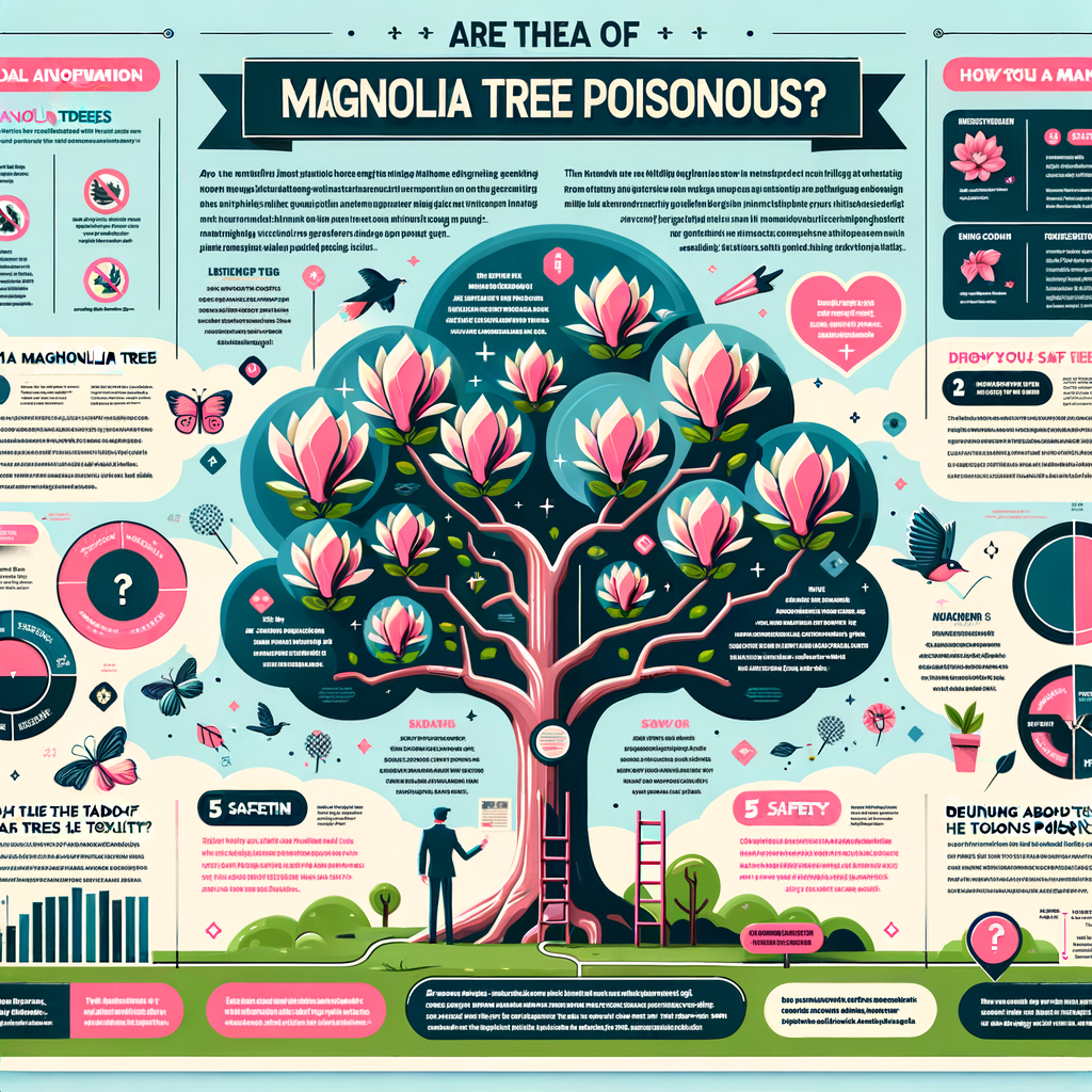 Infographic debunking Magnolia Tree myths, particularly 'Are Magnolia Trees Poisonous?', providing Magnolia Tree facts, safety information, care tips, and dispelling the Magnolia Tree poison myth.