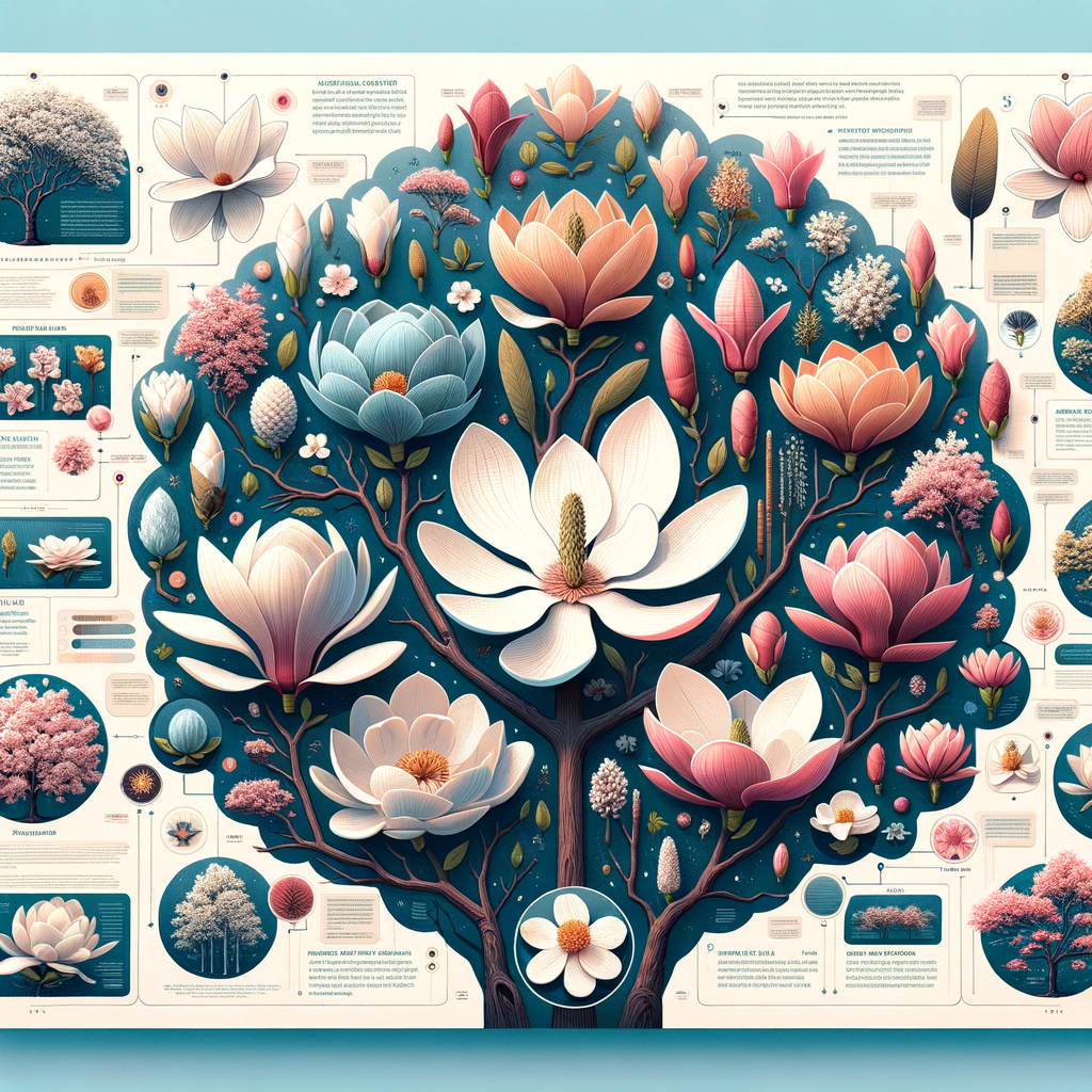 Infographic illustrating Magnolia tree facts, showcasing different types of Magnolia, Magnolia varieties information, and unique characteristics of Magnolia species and flowers.