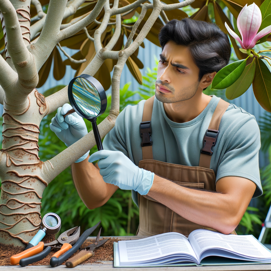 Professional arborist examining and treating magnolia tree diseases, showcasing magnolia tree care tools and guidebook for disease prevention and maintaining magnolia tree health.